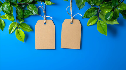 Two blank brown tags are suspended among green leaves against a vibrant blue background, creating a fresh and modern aesthetic.