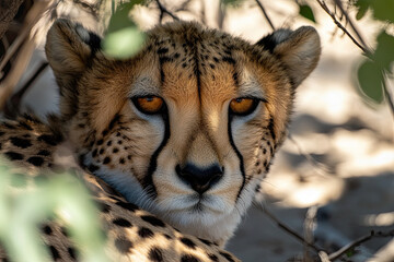 Cheetah mother with her cubs resting in the shade