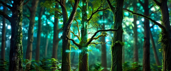 Obraz premium Ecofriendly Concept of a Lush Forest with Bio-Luminescent Elements Illustrating Nature's Harmony and Environmental Sustainability