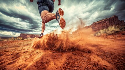 Running adventure desert landscape action shot dynamic environment close-up view outdoor fitness concept