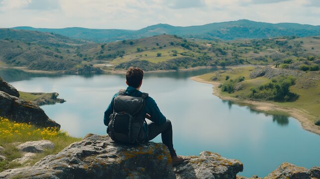 A peaceful nature scene where individuals are enjoying a day of hiking and disconnecting from technology, surrounded by beautiful landscapes. National Simplicity Day. 