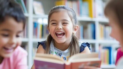 A lively library filled with children excitedly reading books and participating in storytelling sessions, surrounded by colorful decorations and cozy reading nooks. National Young Readers Day