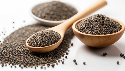 Chia Seeds in a Wooden Spoon Set Against a Rustic Background