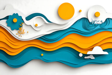 Naklejka premium Abstract fractal designs. Colorful abstract layers create vibrant landscape with waves, sun, and clouds, evoking sense of joy and creativity in design