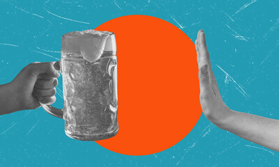 Modern art collage depicting a hand with a beer mug and a hand of rejection.