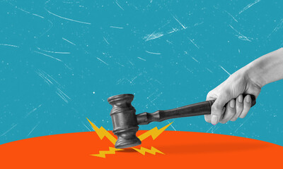 Contemporary art collage featuring a hand with a judicial hammer.