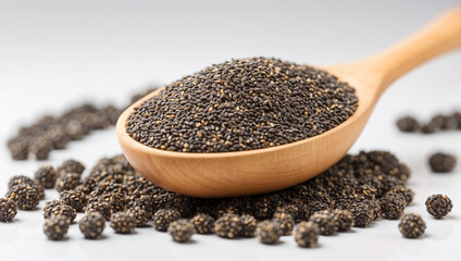 Chia Seeds in a Wooden Spoon Set Against a Rustic Background
