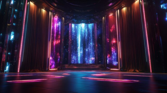 Grand theater stage with rich curtains, futuristic projections illuminating the backdrop for an innovative and immersive show
