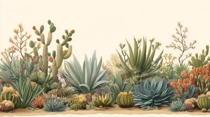 Fotobehang A vibrant illustration showcasing a diverse collection of cacti and succulents in various shapes and colors against a soft background. © UnderTheSun