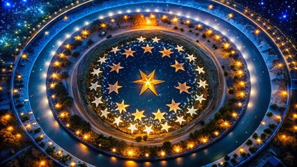 Obraz premium Mesmerizing Aerial View of Round Stars Illuminating the Night Sky Captured by Drone Photography, Showcasing Celestial Beauty and Stunning Patterns from Above