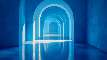 Captivating blue hallway illuminated by arched openings and reflections on the floor