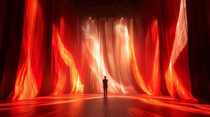 Elegant stage design with flowing curtains, vibrant projection mapping transforming the space for a modern theatrical performance