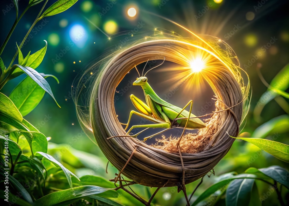 Poster mesmerizing long exposure of a mantis nest in nature's embrace: capturing the intricacies of insect 
