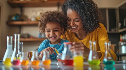 A mother guiding her child through a science experiment at the kitchen table, with beakers and colorful liquids. Her patient and enthusiastic expression shows her dedication to learning. The 