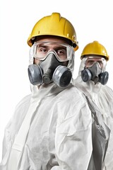 Two workers in hazmat suits and respirators.