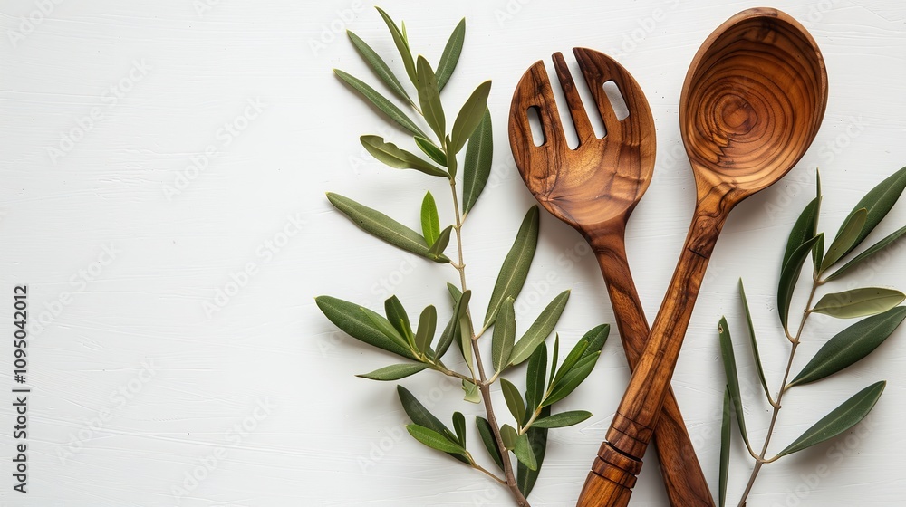 Poster an olive tree branch a rustic wooden fork and spoon and a studio-clean white background are shown in