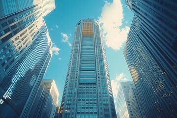 Fototapeta premium Blue-toned Modern Cityscape Steel & Glass High-Rise Facades