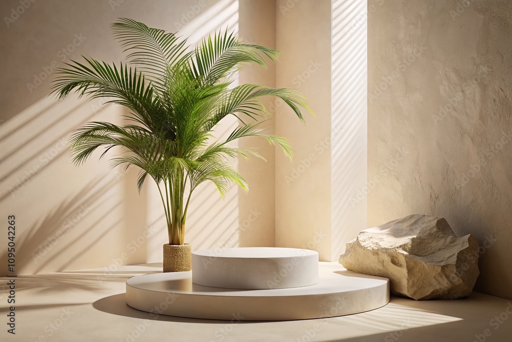 Poster minimalist 3d rendering of a rock podium with a white palm tree against a soft background for a mode