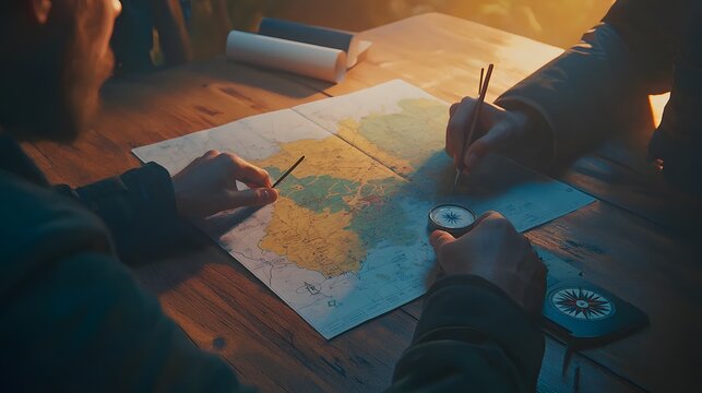 A map spread out on a wooden table, colonial explorers plotting new territories with compass and quill. 
