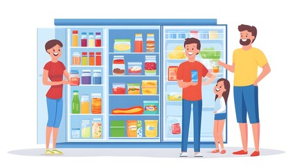 A cheerful kitchen where a family is cleaning out their refrigerator together, with colorful food items and smiles as they organize. National Clean Out Your Refrigerator Day. 