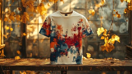 Autumn Inspired Abstract Paint Splatter T-Shirt Design, A Stylish Blend of Colors and Nature