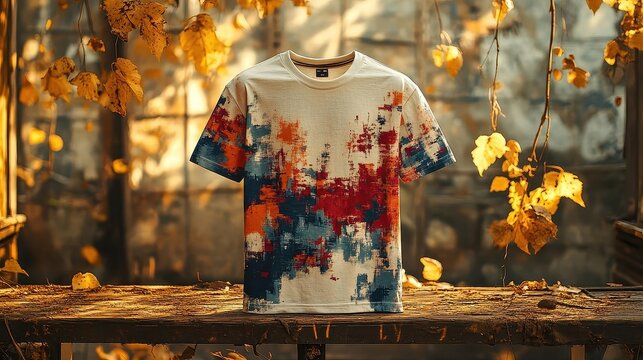 Autumn Inspired Abstract Paint Splatter T-Shirt Design, A Stylish Blend of Colors and Nature