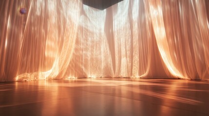 Obraz premium Minimalistic stage backdrop with sheer curtains, projections of soft patterns creating an ethereal atmosphere for an intimate performance or visual art show