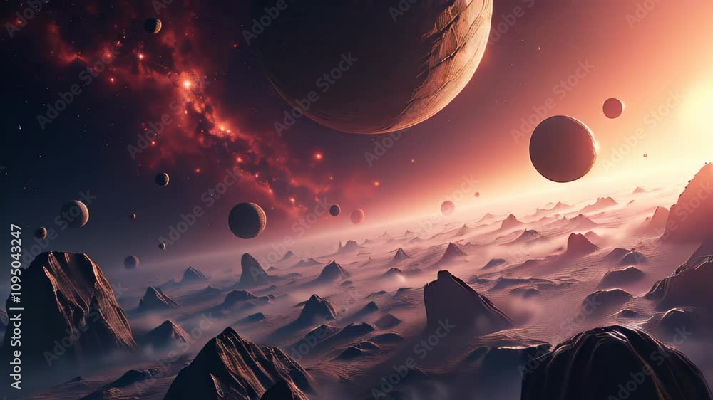 Poster video of a majestic scene of mountains and planets in space with a red background, capturing the sun