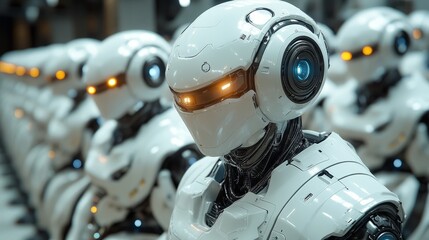 Fototapeta premium Humanoid robots with glowing features are lined up in an advanced manufacturing facility, showcasing the future of automation and technology