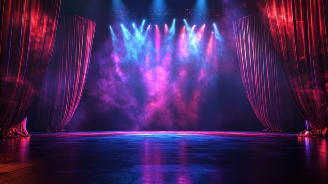 Dramatic stage background with velvet curtains and dynamic projection mapping, creating vibrant, moving visuals for an immersive theatrical experience