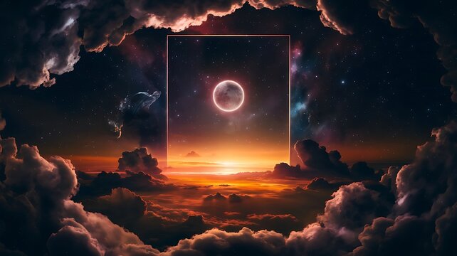 Cosmic Portal Nebula Framed by Fiery Landscape and Radiant Celestial Body