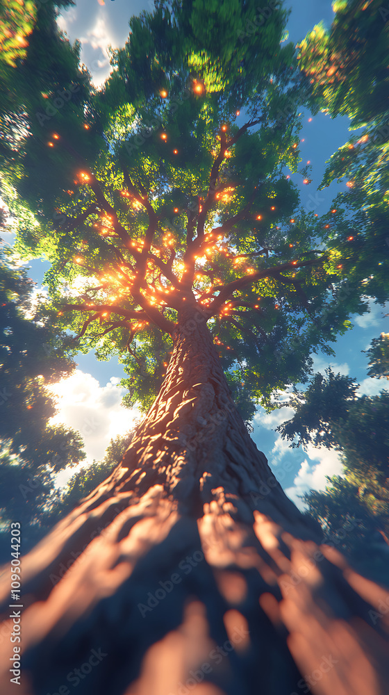 Aufkleber a low-angle view of a tall tree with sunlight filtering through its leaves.