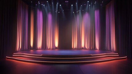 Modern stage design with sleek curtains, ambient lighting casting a cool mood, ideal for a contemporary performance with an edgy vibe