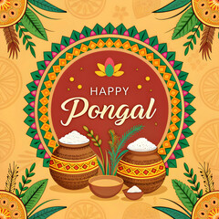 Fototapeta premium A vibrant yellow background for Happy Pongal festival captures traditional elements like kolams