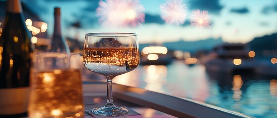A luxury yacht New Year s party with sparkling decorations and a view of city fireworks