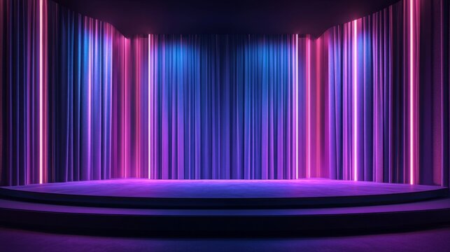 Modern stage design with sleek curtains, ambient lighting casting a cool mood, ideal for a contemporary performance with an edgy vibe