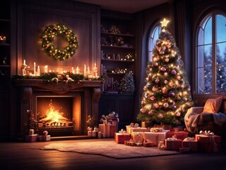 Fototapeta premium A Cozy Christmas Haven: Gifts, Fireplace, and a Glowing Tree
