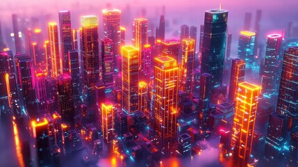 Obraz premium Neon Cityscape: Futuristic Architecture with Vivid Lights and Glowing Buildings