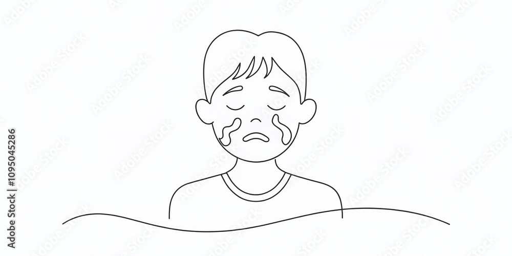 Poster minimalist illustration of a boy crying in one continuous line on a white background, evoking emotio