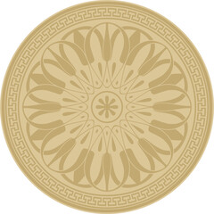 Vector golden classic Greek round ornament. Circle of Ancient Greece and the Roman Empire. Byzantine painting of walls, floors and ceilings. Decoration of European palaces