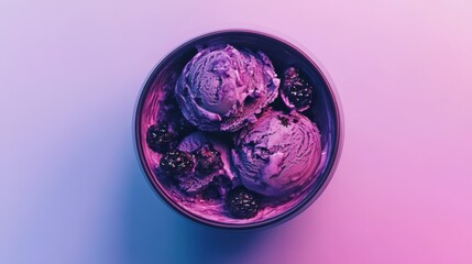 Two scoops of rich blackberry ice cream topped with fresh blackberries are presented in a clean white bowl against a soft gradient backdrop.