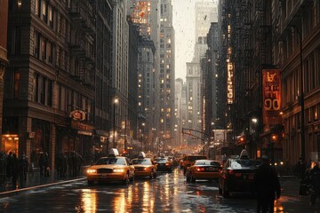 Fototapeta premium Rainy Cityscape with Cars and Streetlights, Exploring Urban Architecture and City Life