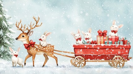 Illustration of a group of adorable animals, including deer with antlers adorned in Christmas ornaments and white cute rabbits  and Christmas presents in a red wagon.