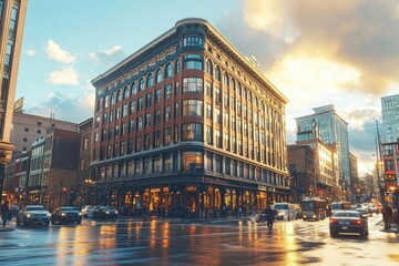 Obraz premium Explore a City's Charm with Historic Architecture, Bustling Streets, and Golden Hour Light