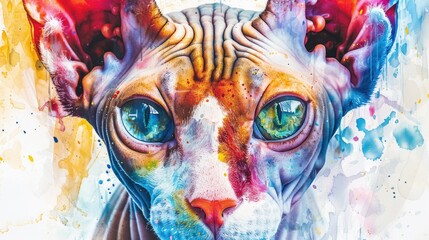A close-up portrait of a sphynx cat with piercing blue eyes