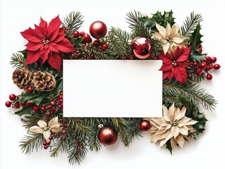 Christmas card with white color background and beautiful and  poinsettia flowers, holly leaves and berries  and a blank card for text.