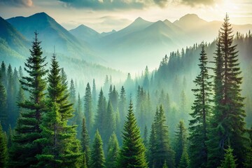 Minimalist Mountain Forest Landscape Wallpaper Featuring Pine and Spruce Trees, Simple Nature Illustration with a Tranquil Backdrop for Peaceful Home Decor