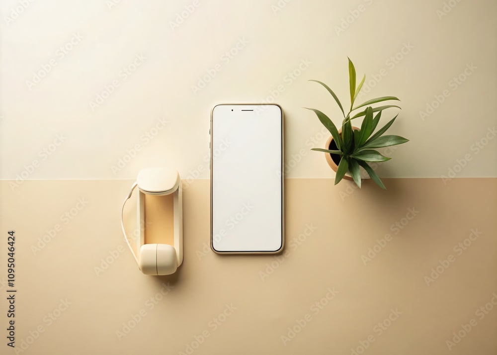 Poster minimalist outline of a phone against a soft neutral background, emphasizing simplicity and modern d