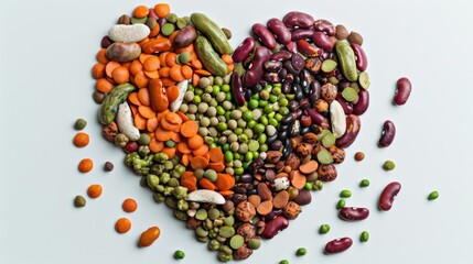 A creative decoration made from beans, peas, carrots, and beans forming a heart shape