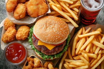Fast food delivery menu background with various burgers, cheeseburger, nuggets, french fries, fizzy soda drinks. Top view